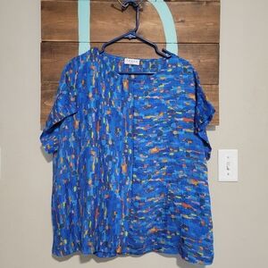 Terra SJ Apperral Blue Artzie Lagenlook Tencel Blend Boxy Short Sleeve Top Large